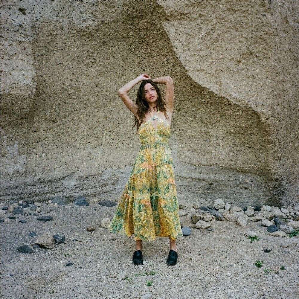 Zara Paisley Printed Halterneck Cross Low Back Strap Maxi Dress NWT